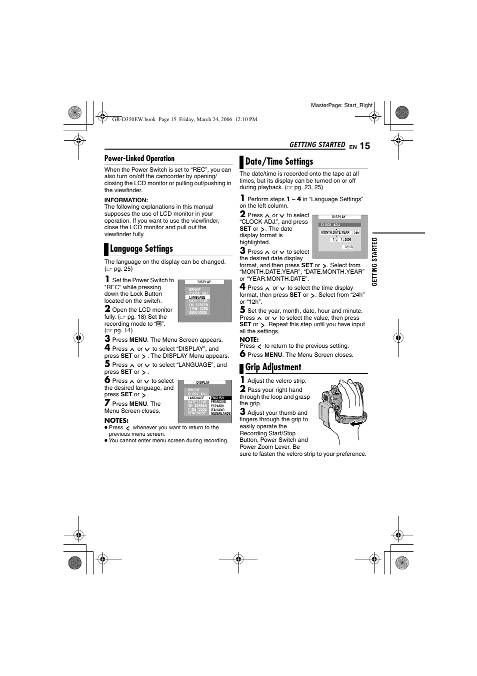 Language settings, Date/time settings grip adjustment, Power-linked operation | Getting started | JVC GR-D350EW User Manual | Page 15 / 44