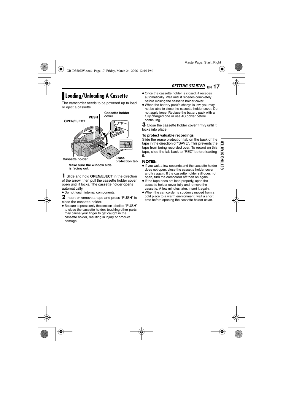 Loading/unloading a cassette | JVC GR-D350EW User Manual | Page 17 / 44