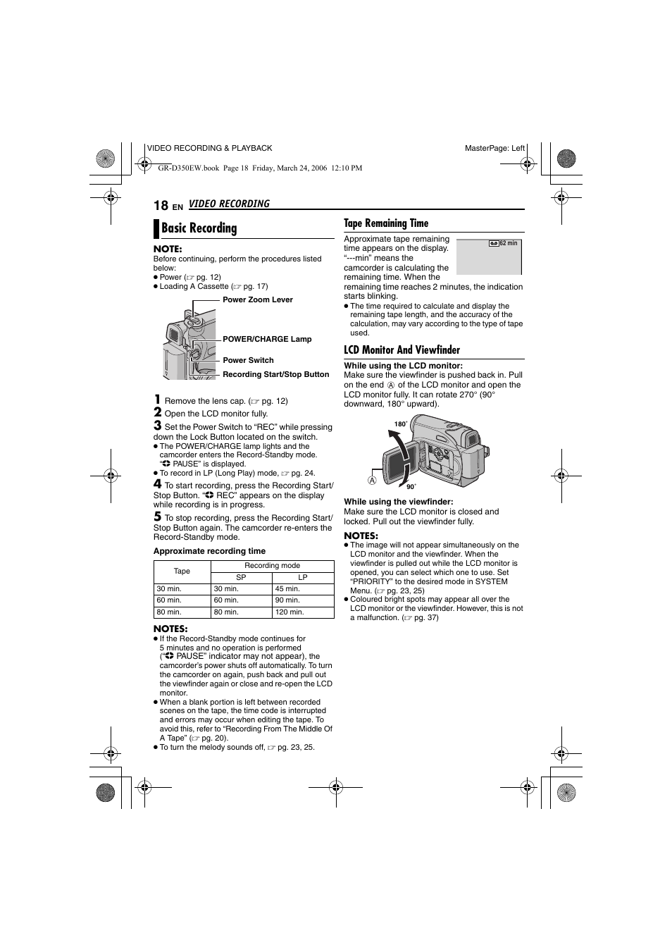 Basic recording, Tape remaining time, Lcd monitor and viewfinder | JVC GR-D350EW User Manual | Page 18 / 44