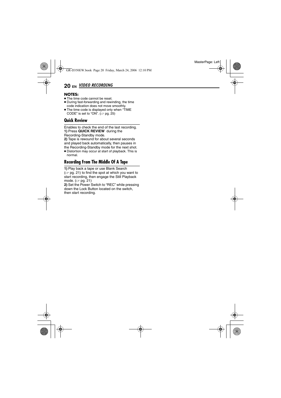 Quick review, Recording from the middle of a tape | JVC GR-D350EW User Manual | Page 20 / 44