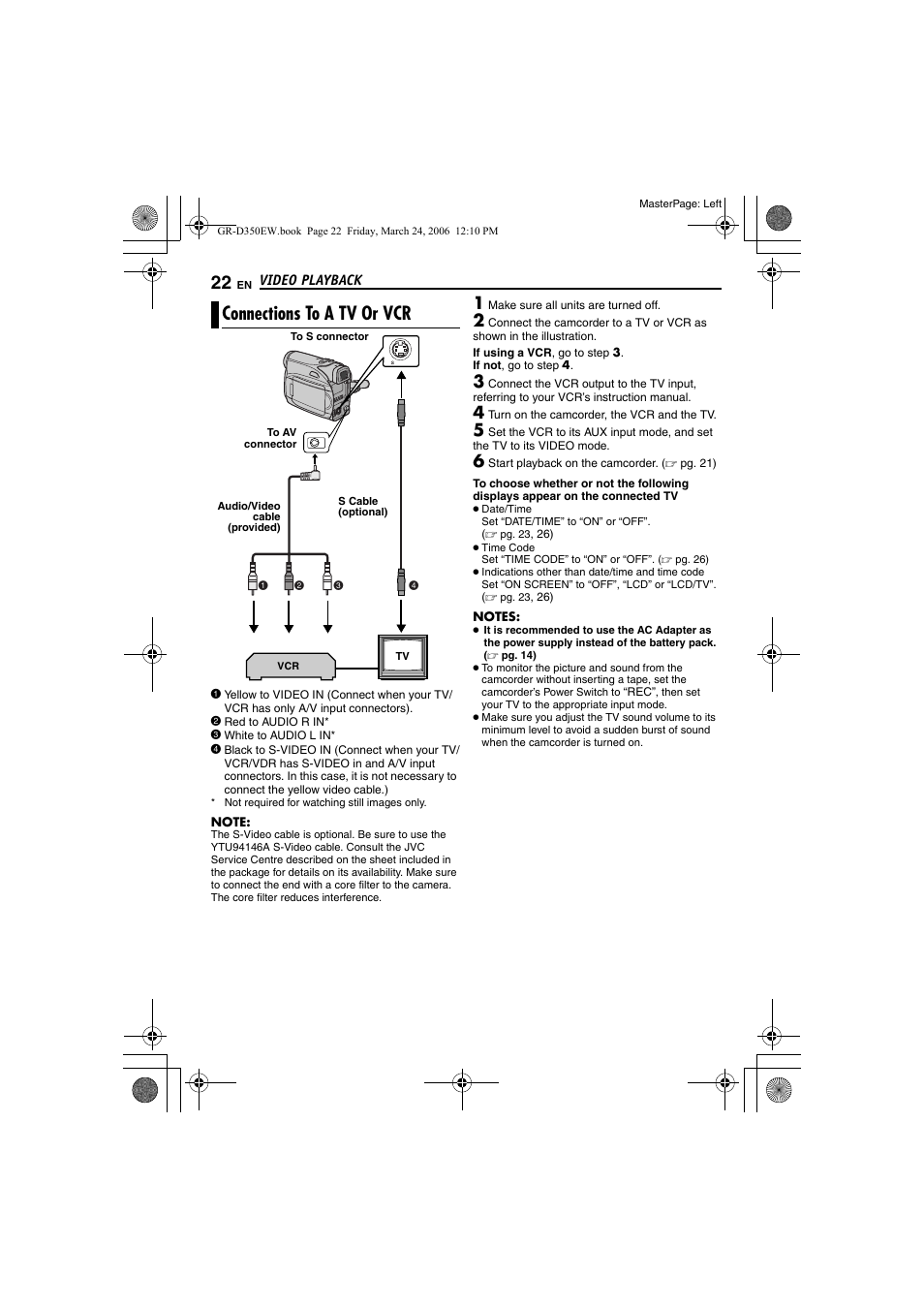 Connections to a tv or vcr | JVC GR-D350EW User Manual | Page 22 / 44