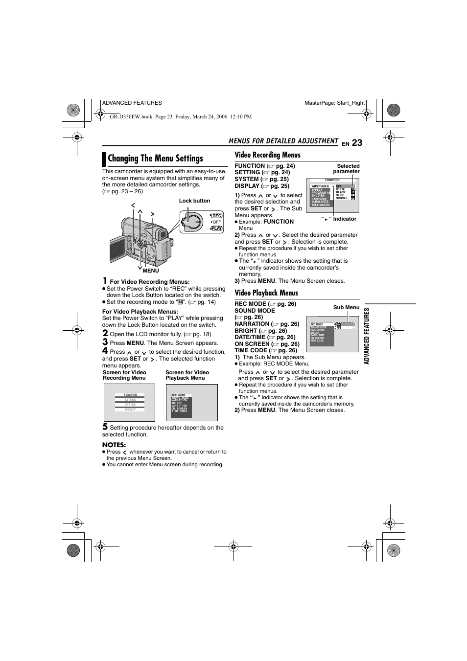 Changing the menu settings, Video recording menus, Video playback menus | Menus for detailed adjustment | JVC GR-D350EW User Manual | Page 23 / 44