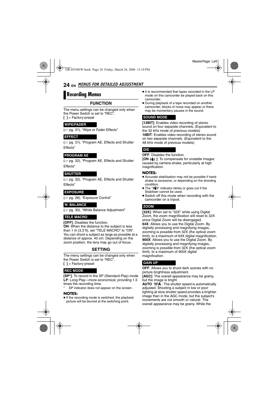 Recording menus | JVC GR-D350EW User Manual | Page 24 / 44