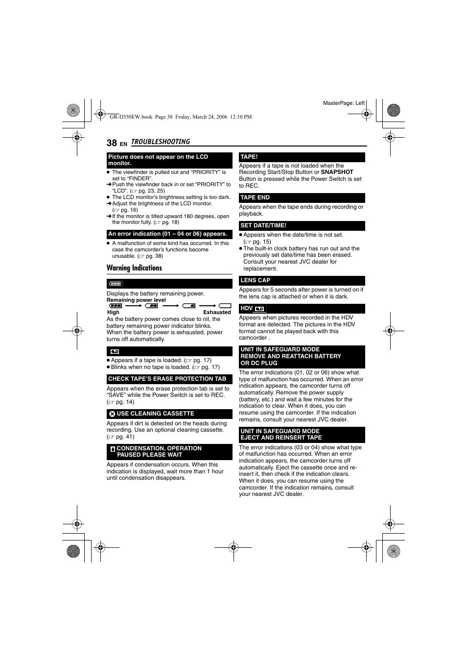 Warning indications | JVC GR-D350EW User Manual | Page 38 / 44