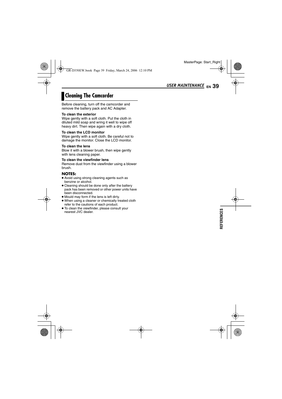 Cleaning the camcorder | JVC GR-D350EW User Manual | Page 39 / 44