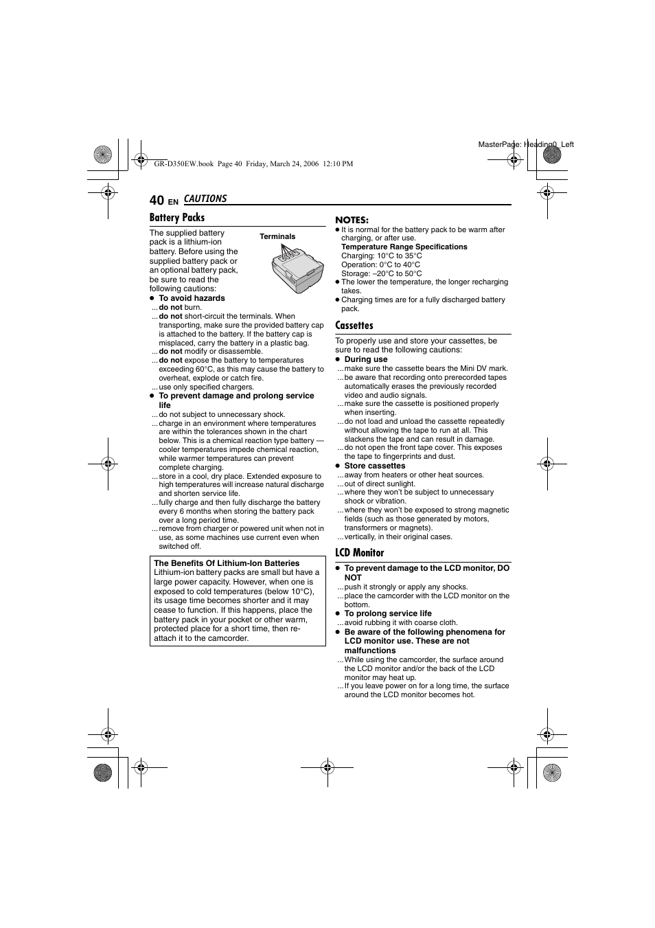 Battery packs, Cassettes, Lcd monitor | JVC GR-D350EW User Manual | Page 40 / 44