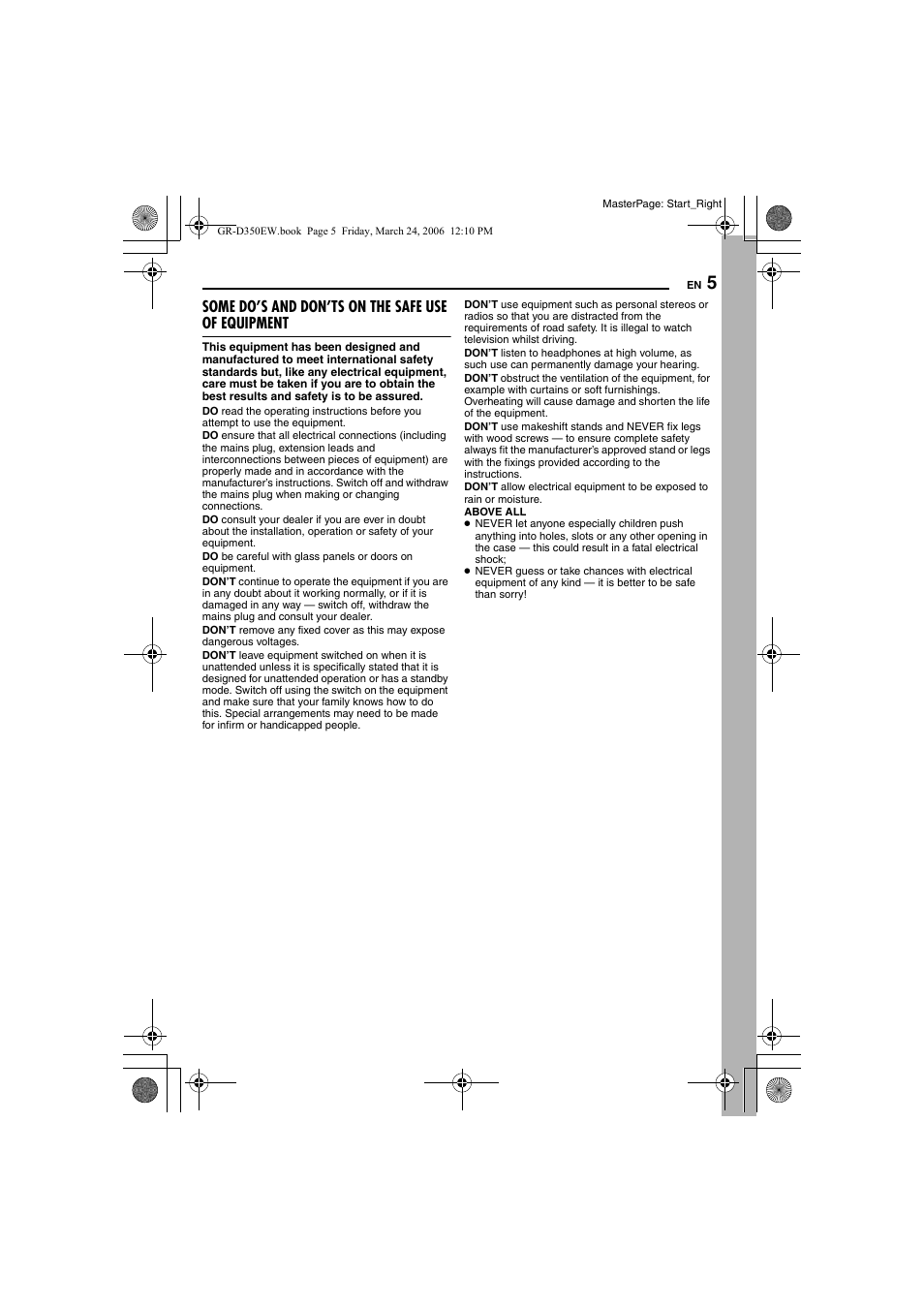 Some do’s and don’ts on the safe use of equipment | JVC GR-D350EW User Manual | Page 5 / 44