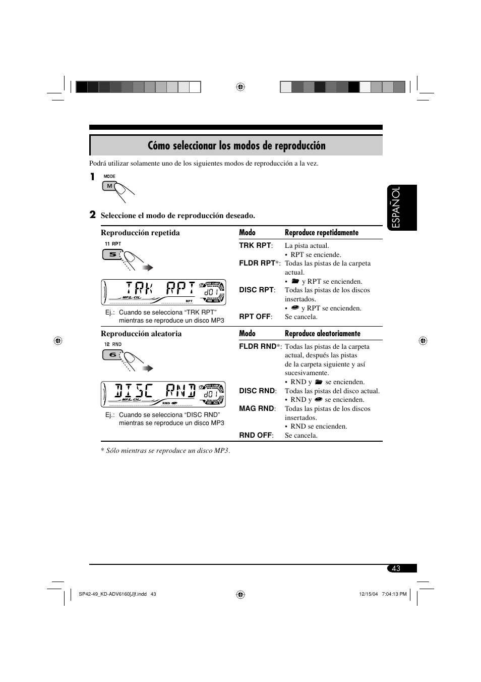 Cómo seleccionar los modos de reproducción, Esp añol | JVC KD-ADV6160 User Manual | Page 101 / 177
