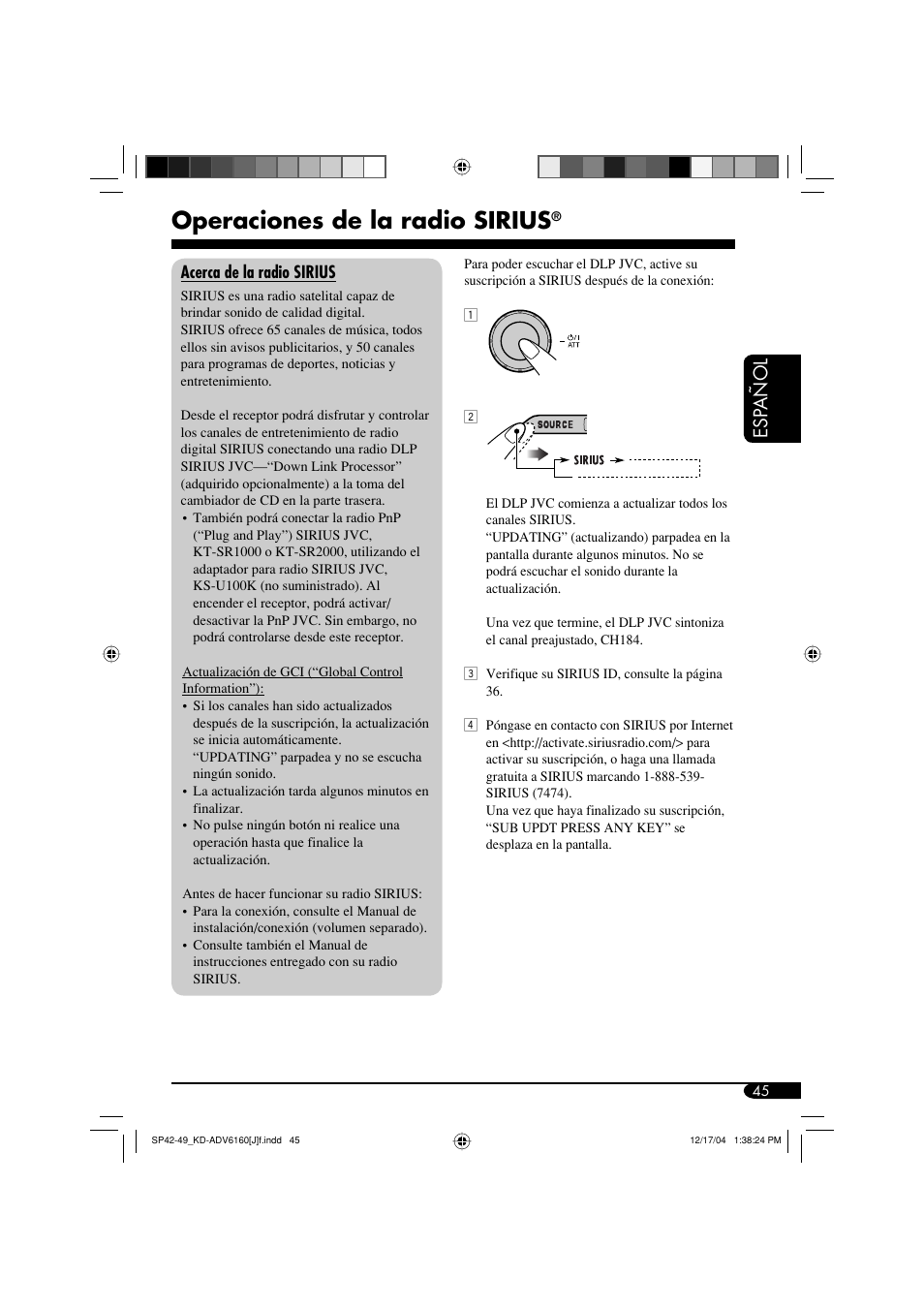 Operaciones de la radio sirius, Esp añol | JVC KD-ADV6160 User Manual | Page 103 / 177