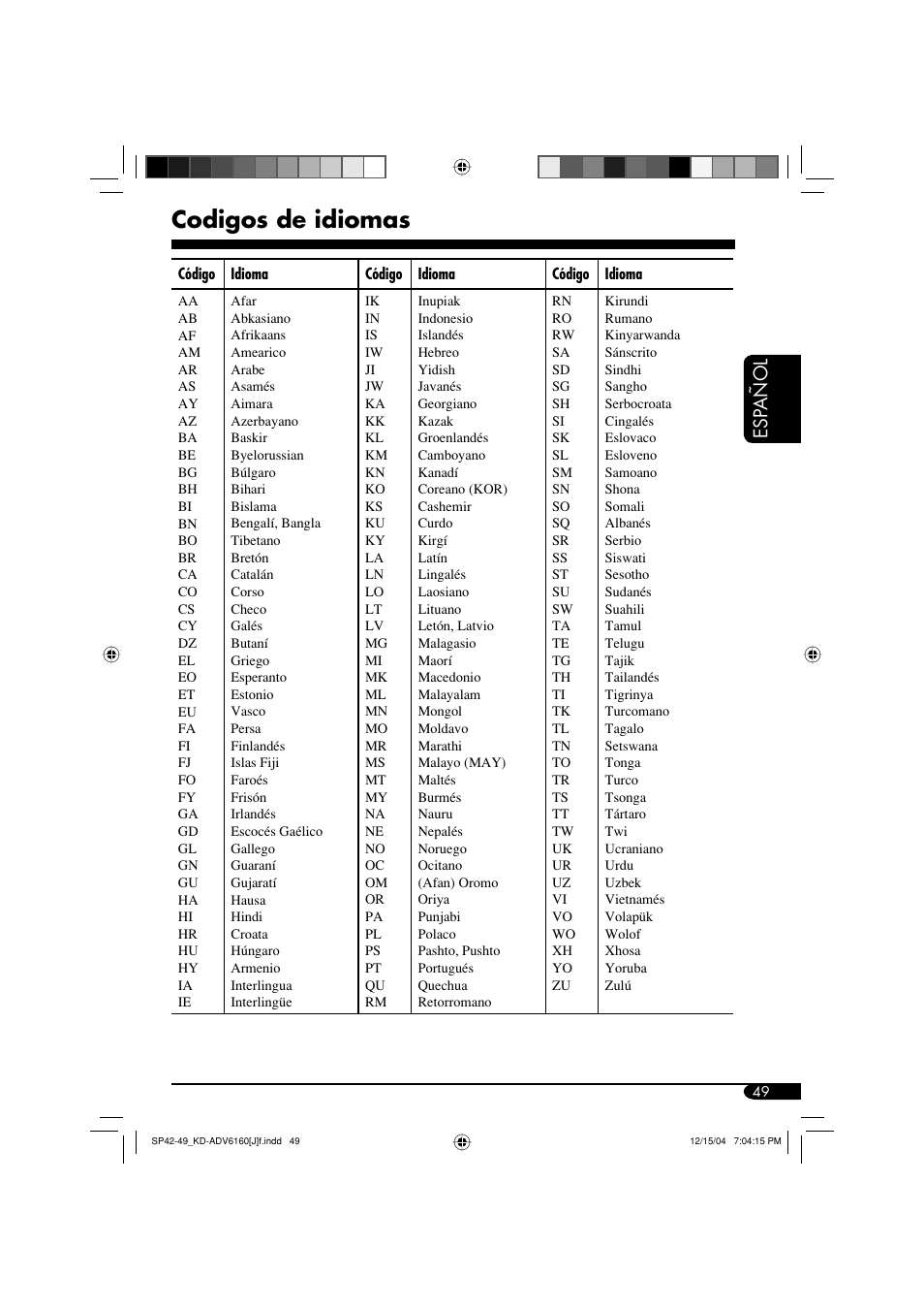 Codigos de idiomas, Esp añol | JVC KD-ADV6160 User Manual | Page 107 / 177