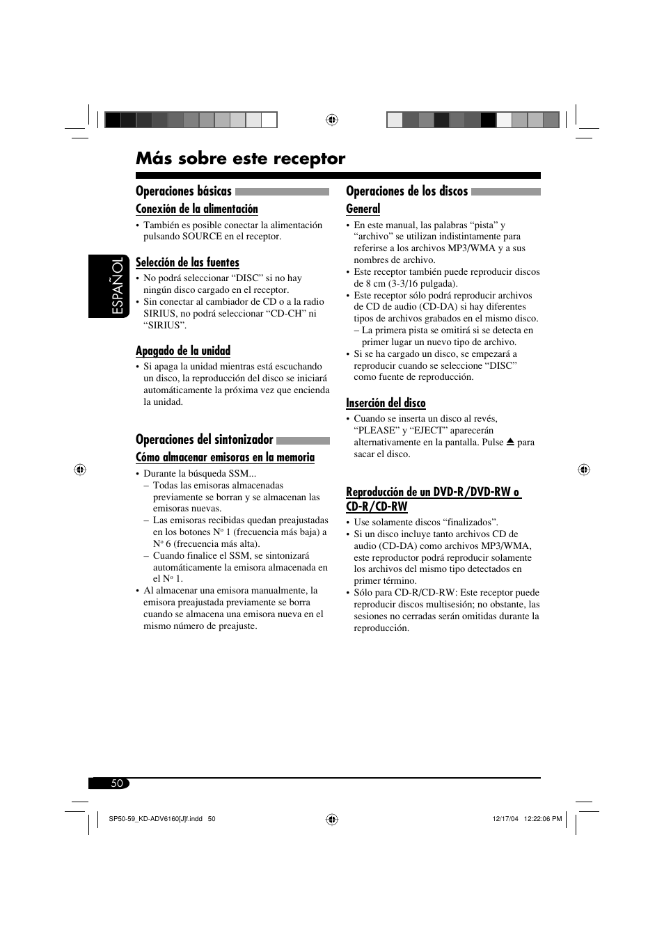 Más sobre este receptor, Esp añol, Operaciones básicas | Operaciones del sintonizador, Operaciones de los discos | JVC KD-ADV6160 User Manual | Page 108 / 177