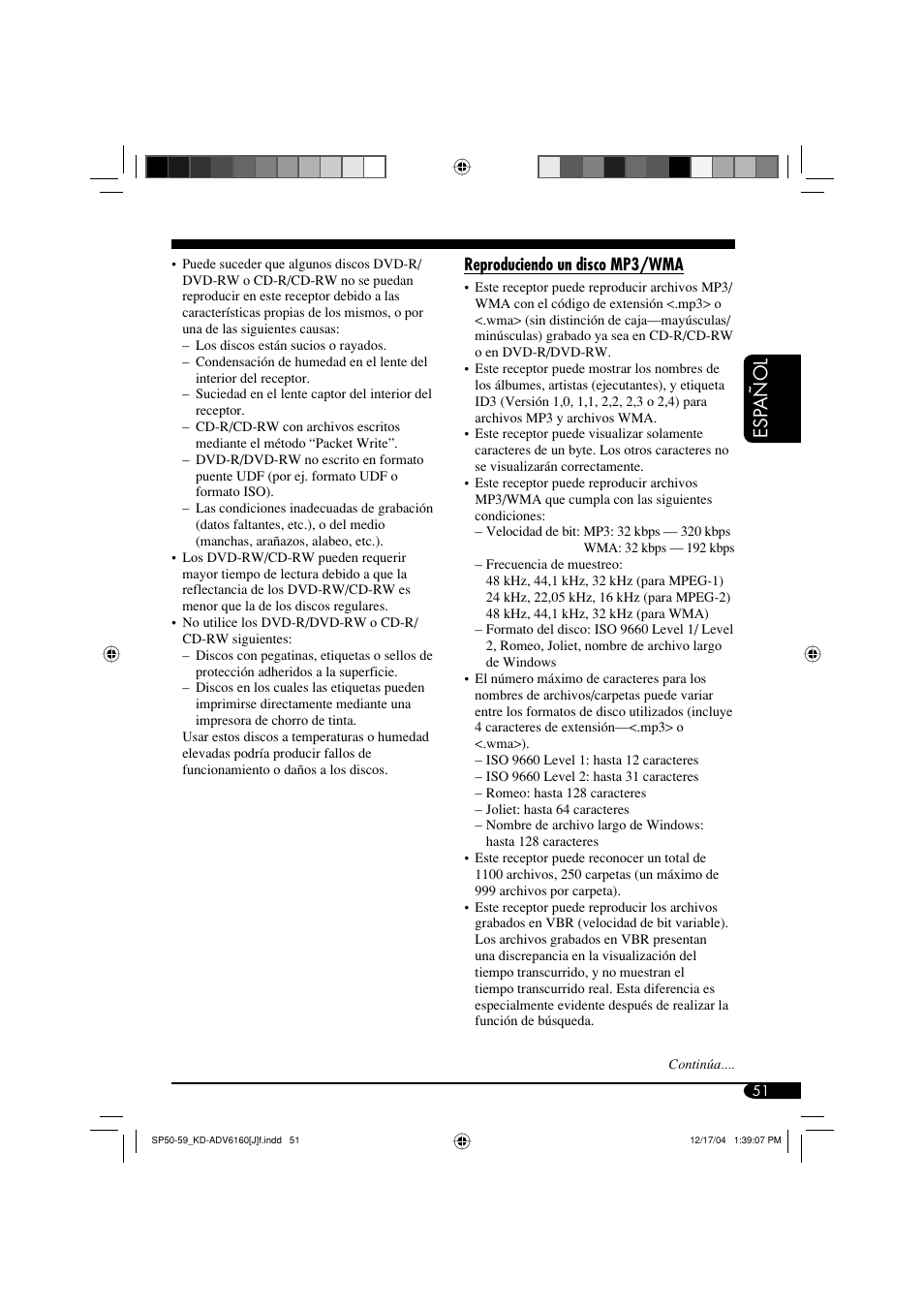 Esp añol | JVC KD-ADV6160 User Manual | Page 109 / 177