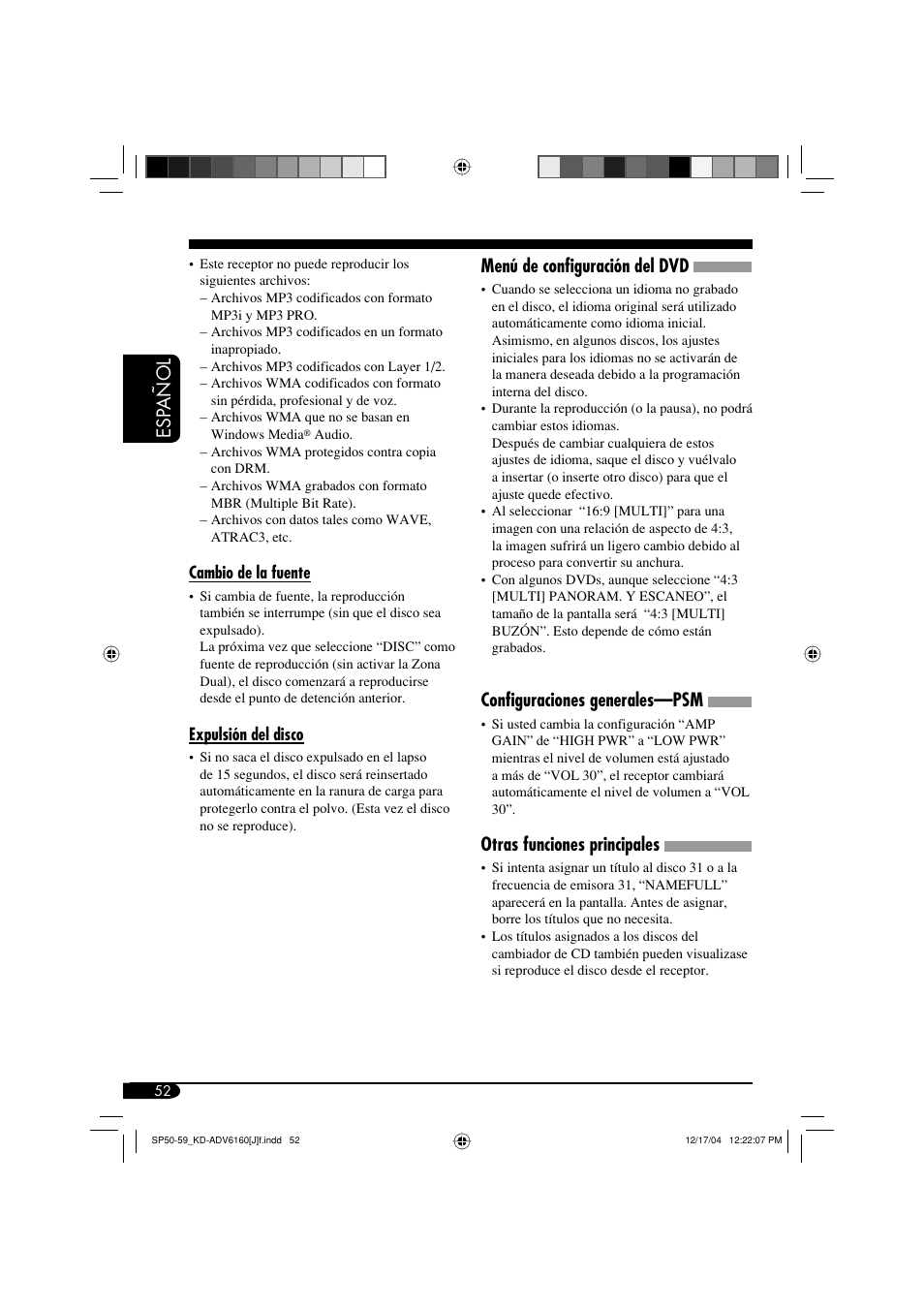 Esp añol menú de configuración del dvd, Configuraciones generales—psm, Otras funciones principales | JVC KD-ADV6160 User Manual | Page 110 / 177