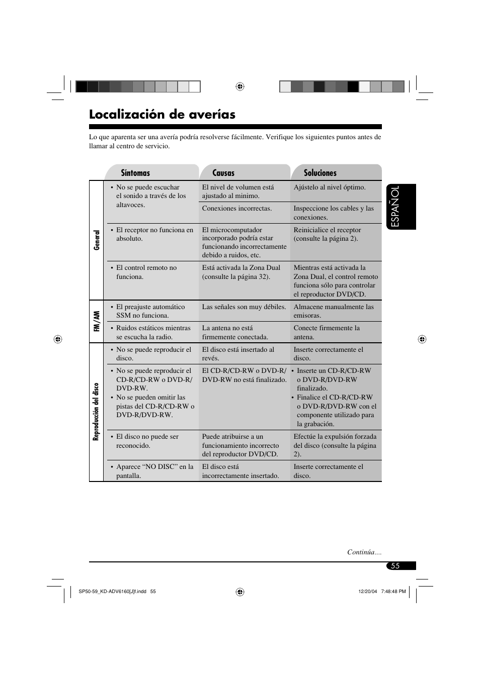 Localización de averías, Esp añol | JVC KD-ADV6160 User Manual | Page 113 / 177