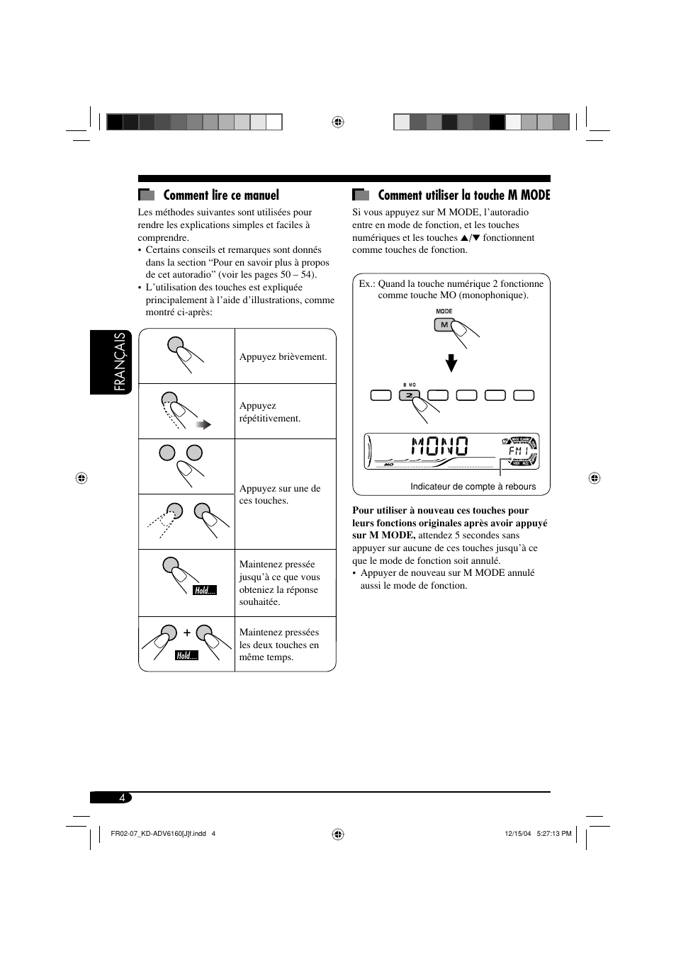 Français comment lire ce manuel, Comment utiliser la touche m mode | JVC KD-ADV6160 User Manual | Page 120 / 177