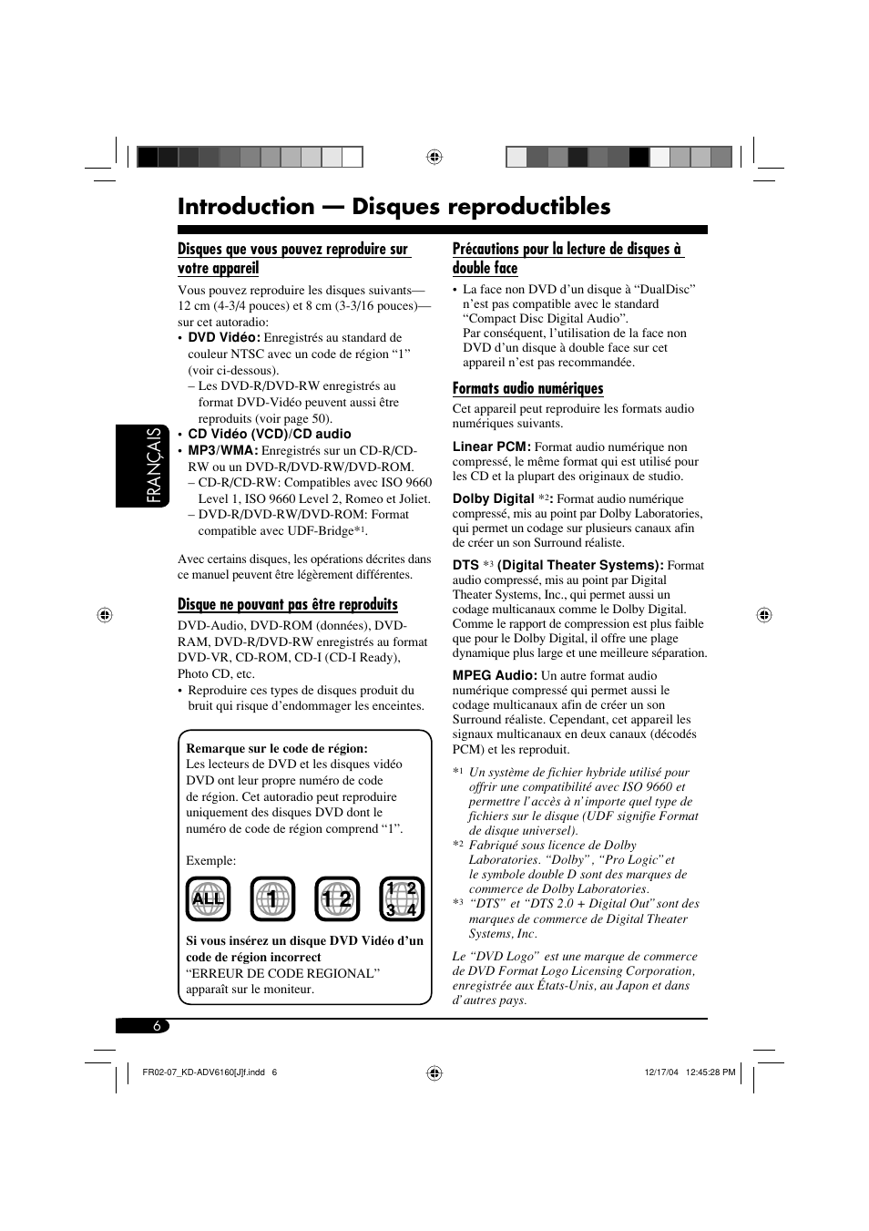 Introduction — disques reproductibles, Français | JVC KD-ADV6160 User Manual | Page 122 / 177