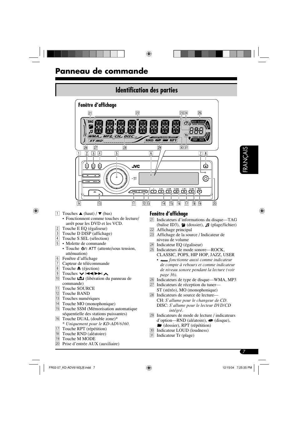 Panneau de commande, Identification des parties, Français | JVC KD-ADV6160 User Manual | Page 123 / 177