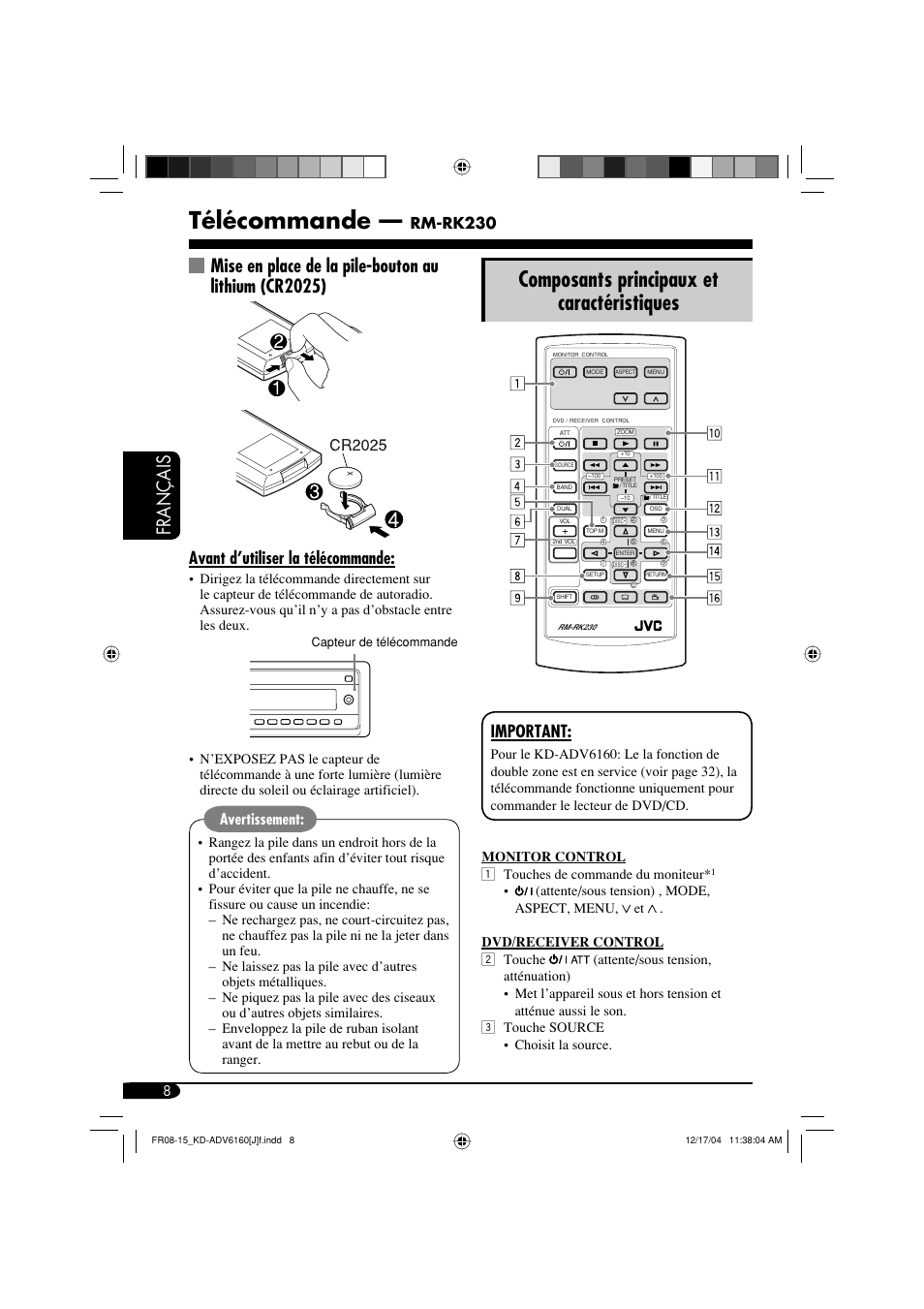 Télécommande, Composants principaux et caractéristiques, Français | Avant d’utiliser la télécommande, Important, Rm-rk230, Avertissement | JVC KD-ADV6160 User Manual | Page 124 / 177