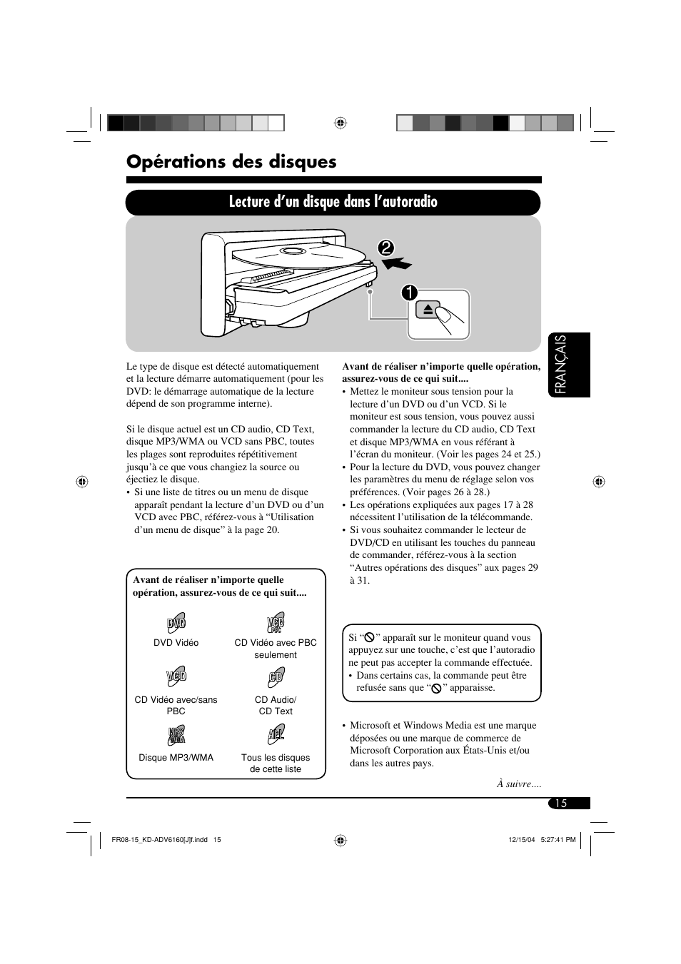 Opérations des disques, Lecture d’un disque dans l’autoradio, Français | JVC KD-ADV6160 User Manual | Page 131 / 177