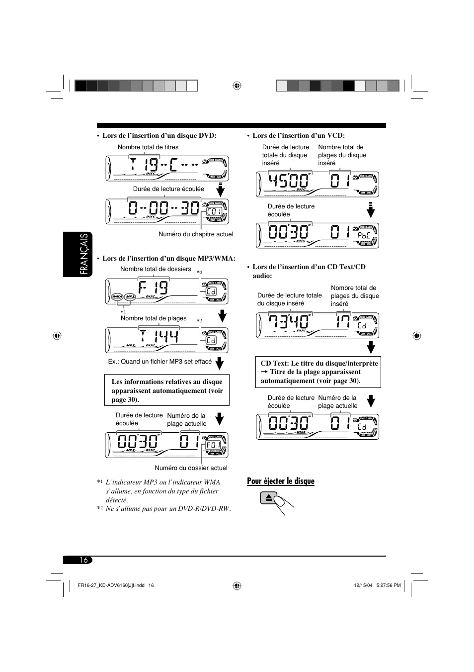 Français, Pour éjecter le disque | JVC KD-ADV6160 User Manual | Page 132 / 177