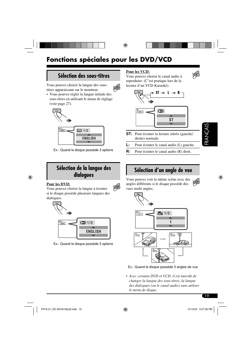 Fonctions spéciales pour les dvd/vcd, Sélection des sous-titres, Sélection de la langue des dialogues | Sélection d’un angle de vue, Français | JVC KD-ADV6160 User Manual | Page 135 / 177