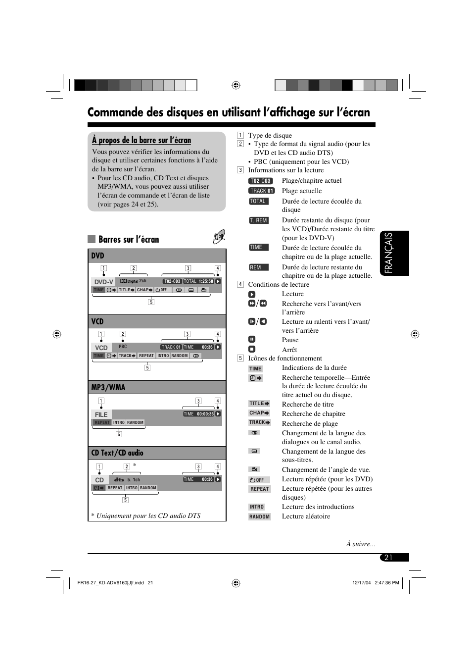 Français, Barres sur l’écran, À propos de la barre sur l’écran | JVC KD-ADV6160 User Manual | Page 137 / 177