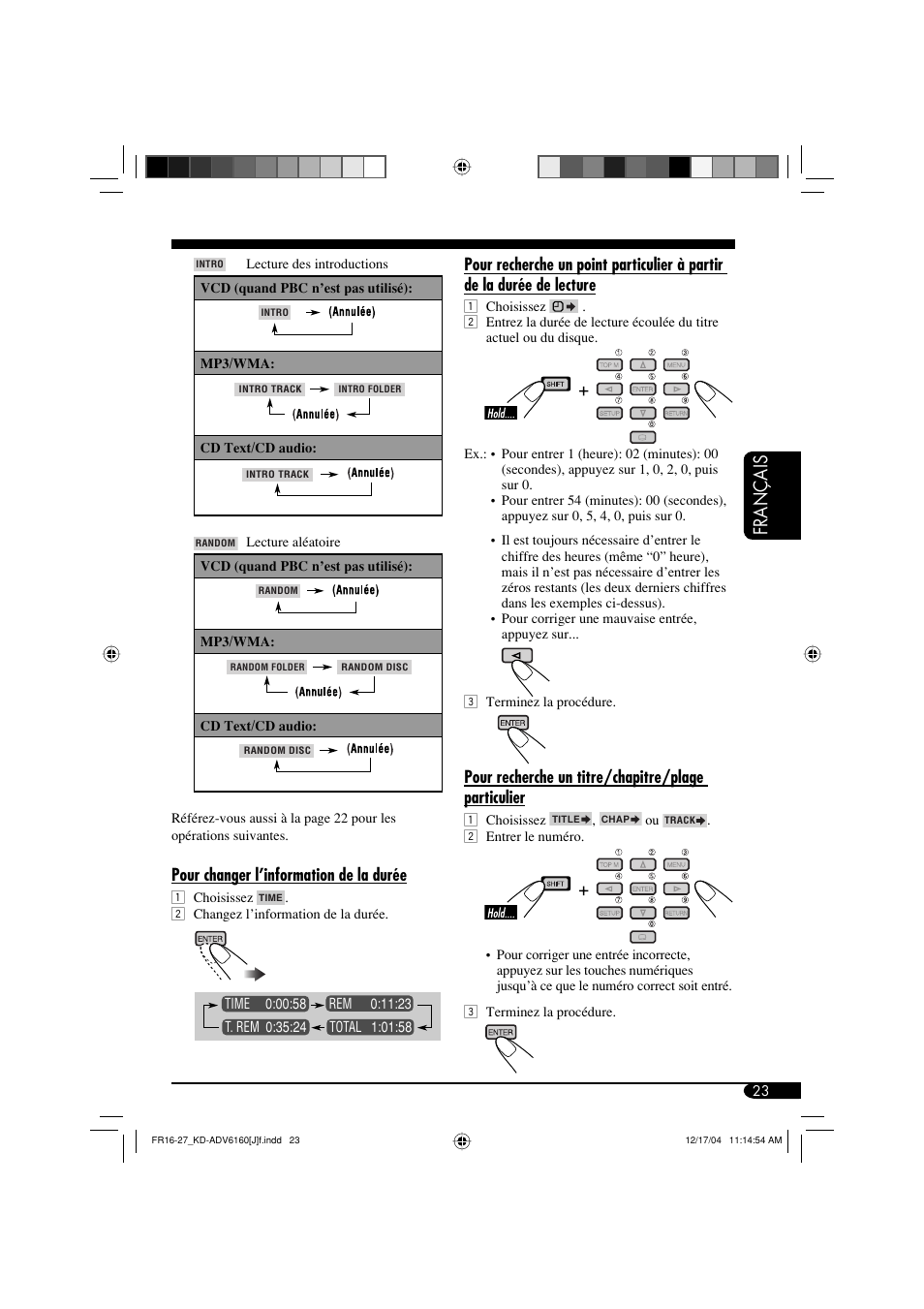 Français, Pour changer l’information de la durée, Pour recherche un titre/chapitre/plage particulier | JVC KD-ADV6160 User Manual | Page 139 / 177