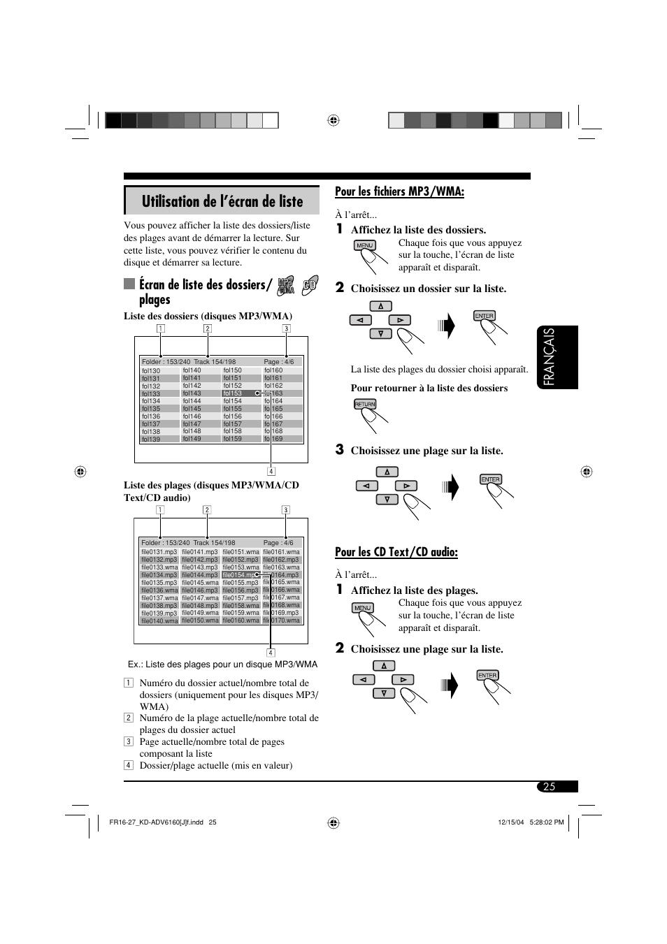 Utilisation de l’écran de liste, Français, Écran de liste des dossiers/ plages | JVC KD-ADV6160 User Manual | Page 141 / 177