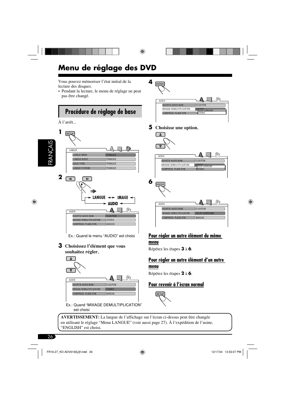 Menu de réglage des dvd, Procédure de réglage de base, Français | Pour régler un autre élément du même menu, Pour régler un autre élément d’un autre menu, Pour revenir à l’écran normal, Choisissez l’élément que vous souhaitez régler, Choisisse une option | JVC KD-ADV6160 User Manual | Page 142 / 177