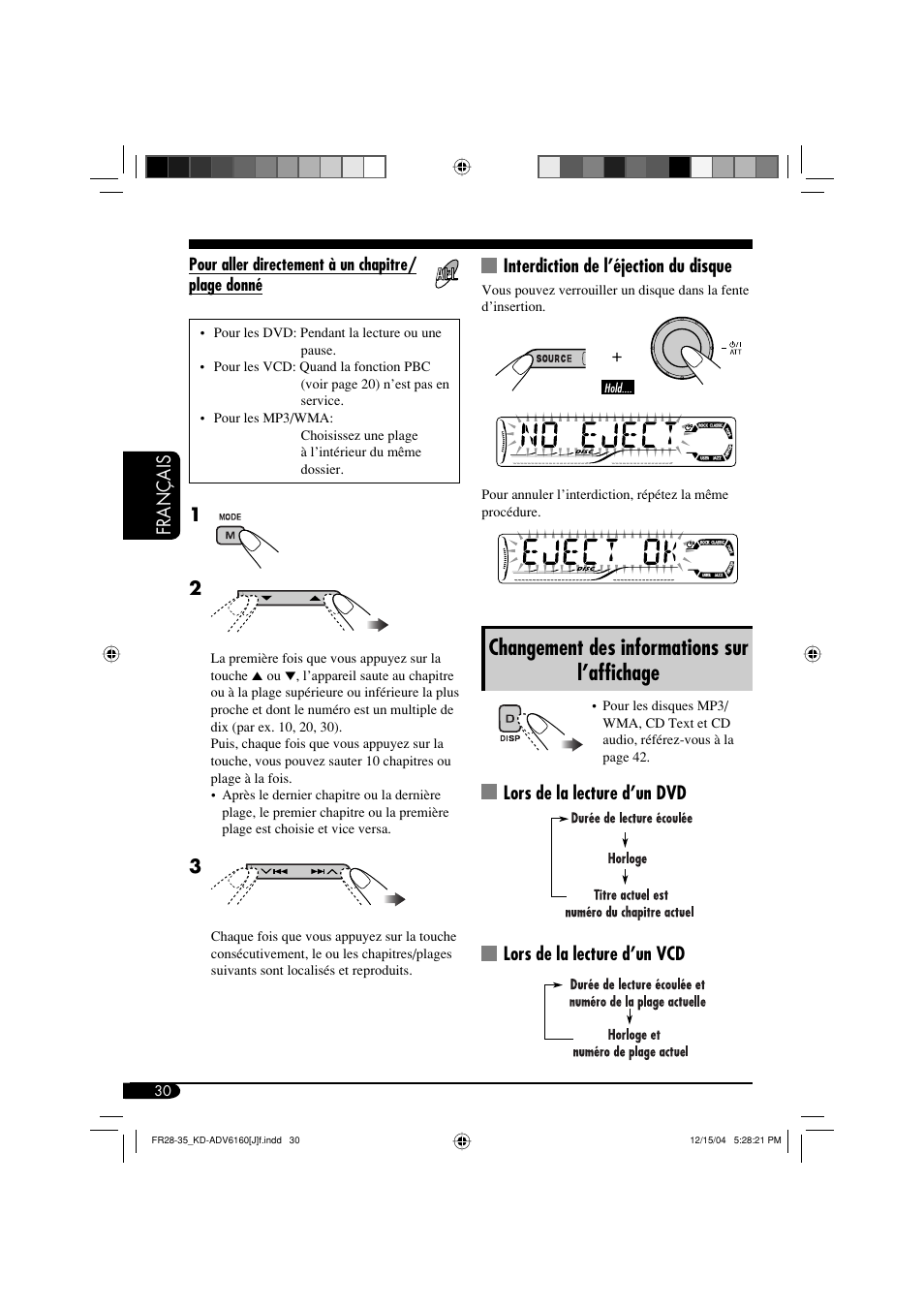 Changement des informations sur l’affichage, Français, Interdiction de l’éjection du disque | JVC KD-ADV6160 User Manual | Page 146 / 177