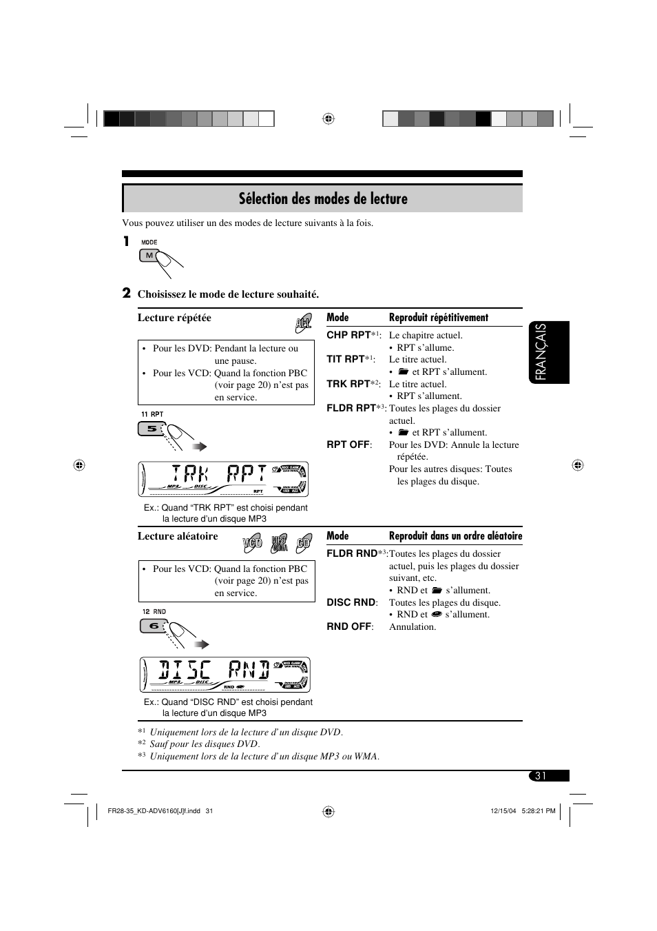 Sélection des modes de lecture, Français | JVC KD-ADV6160 User Manual | Page 147 / 177