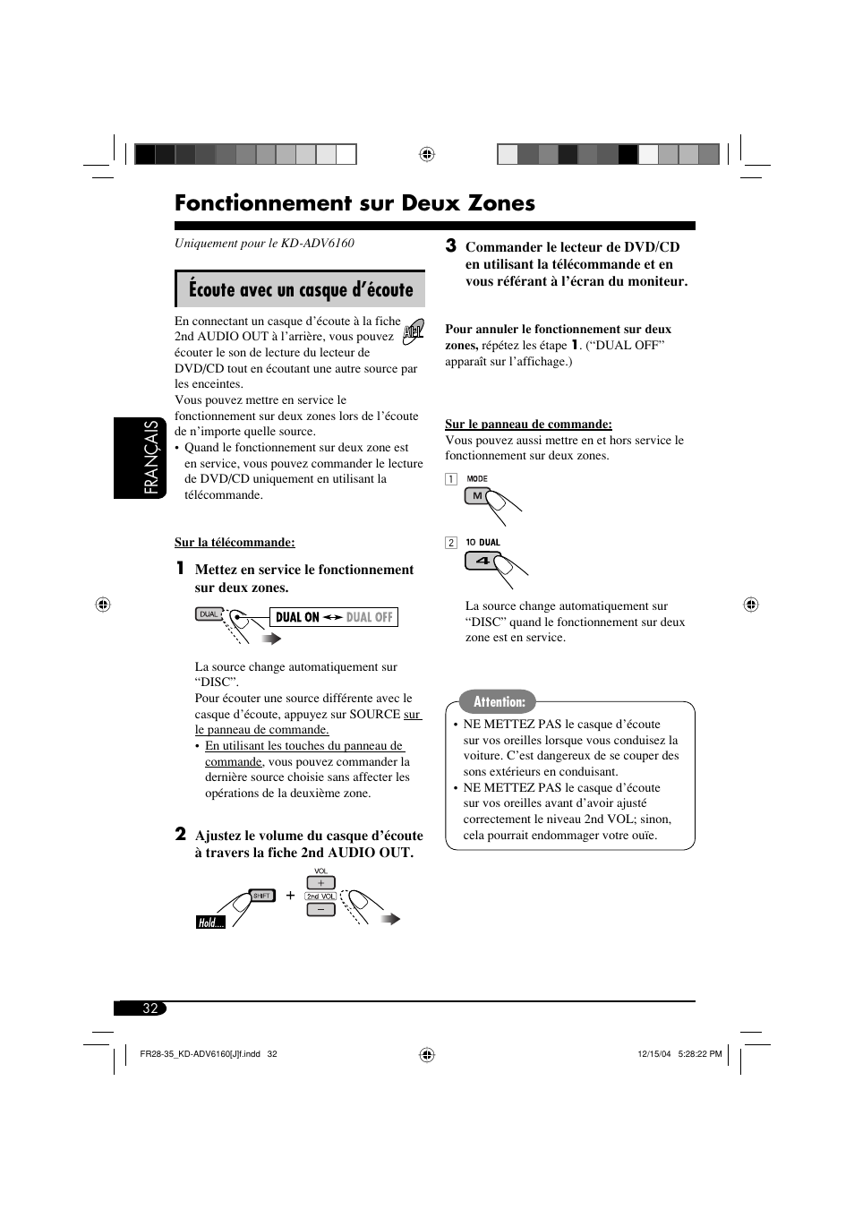 Fonctionnement sur deux zones, Écoute avec un casque d’écoute, Français | JVC KD-ADV6160 User Manual | Page 148 / 177