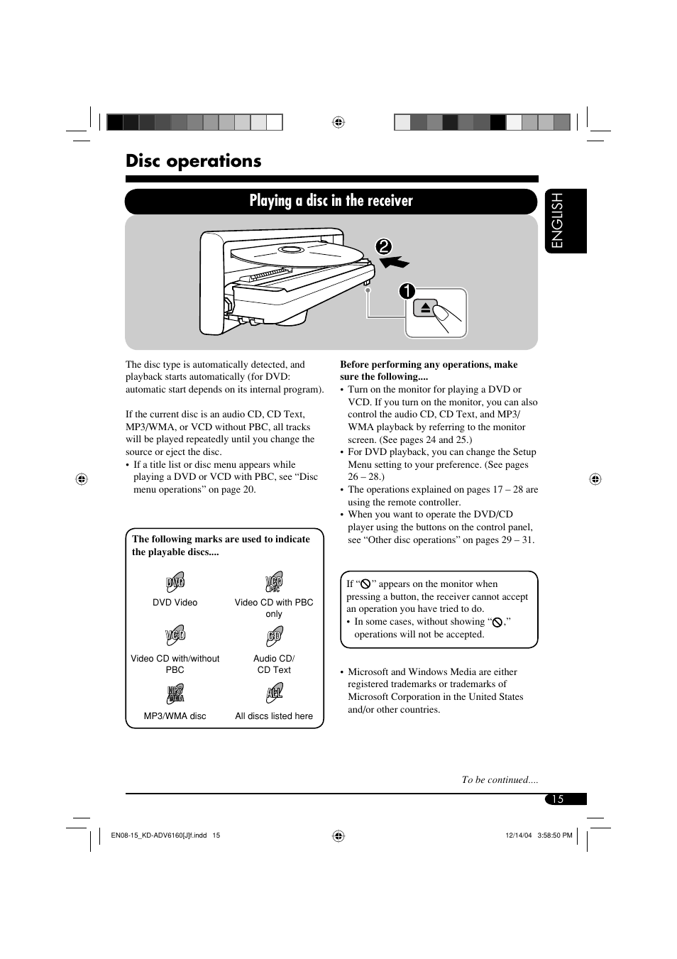 Disc operations, Playing a disc in the receiver, English | JVC KD-ADV6160 User Manual | Page 15 / 177