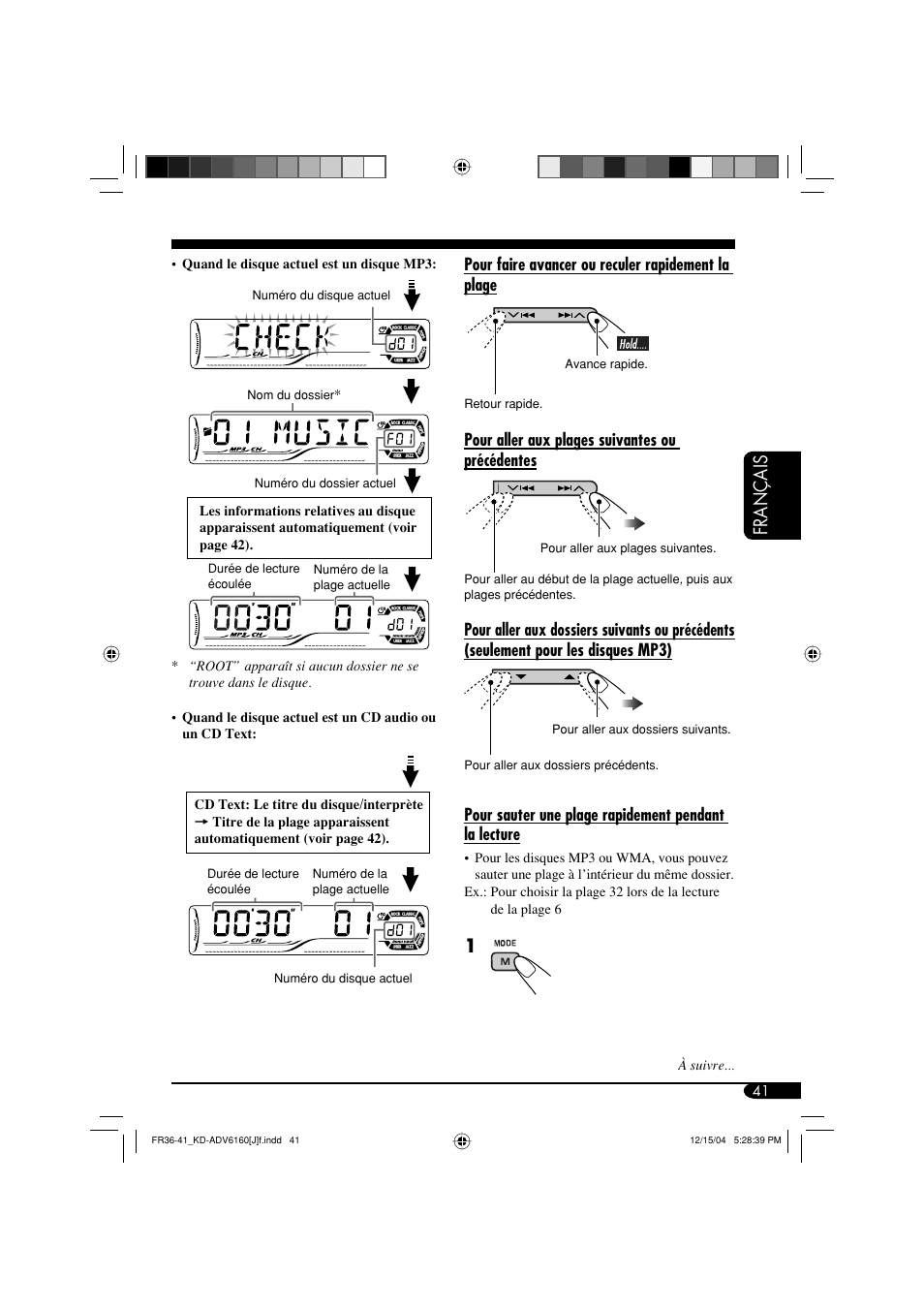 Français, Pour faire avancer ou reculer rapidement la plage, Pour aller aux plages suivantes ou précédentes | JVC KD-ADV6160 User Manual | Page 157 / 177