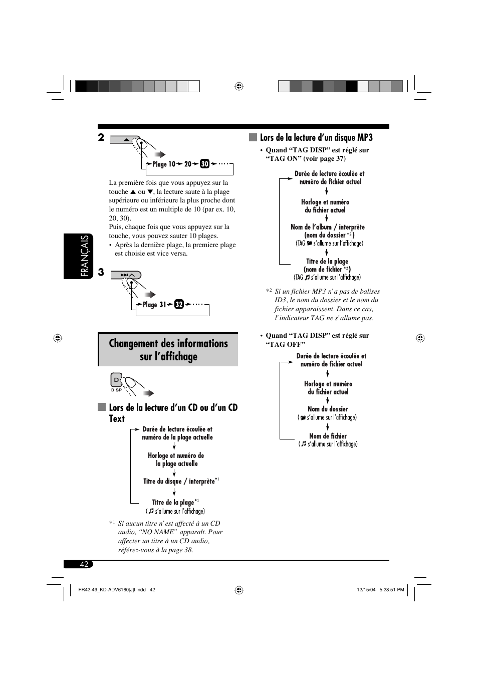 Changement des informations sur l’affichage, Français 2, Lors de la lecture d’un cd ou d’un cd text | Lors de la lecture d’un disque mp3 | JVC KD-ADV6160 User Manual | Page 158 / 177