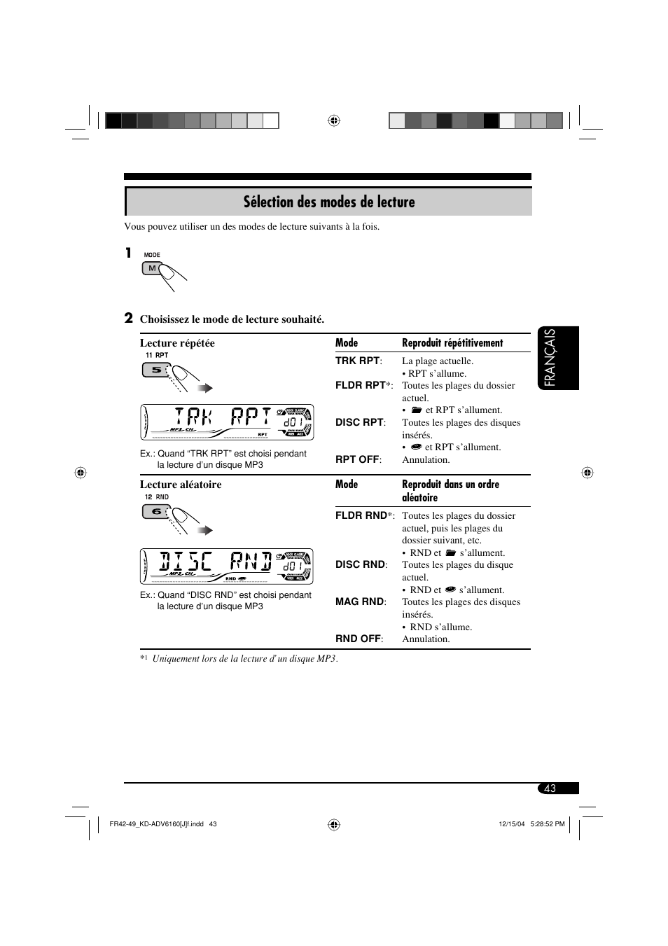 Sélection des modes de lecture, Français | JVC KD-ADV6160 User Manual | Page 159 / 177