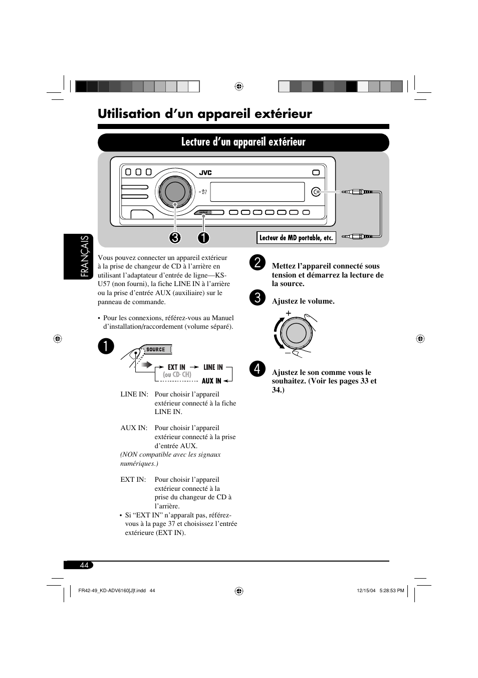 Utilisation d’un appareil extérieur, Lecture d’un appareil extérieur | JVC KD-ADV6160 User Manual | Page 160 / 177