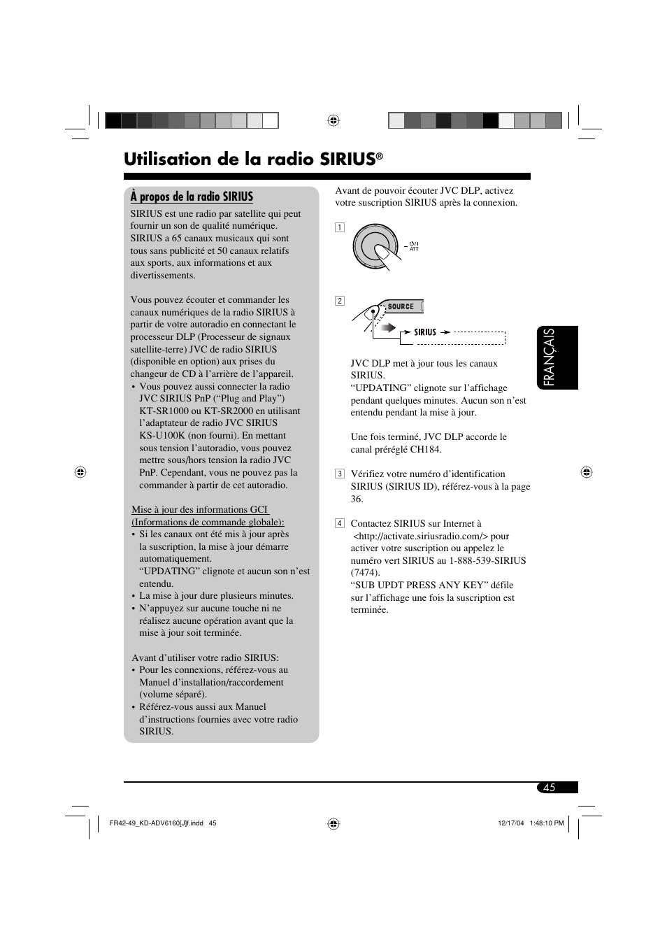 Utilisation de la radio sirius, Français | JVC KD-ADV6160 User Manual | Page 161 / 177