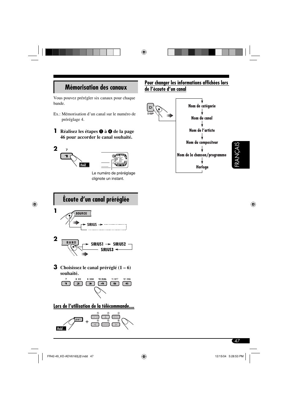 Mémorisation des canaux, Écoute d’un canal préréglée | JVC KD-ADV6160 User Manual | Page 163 / 177