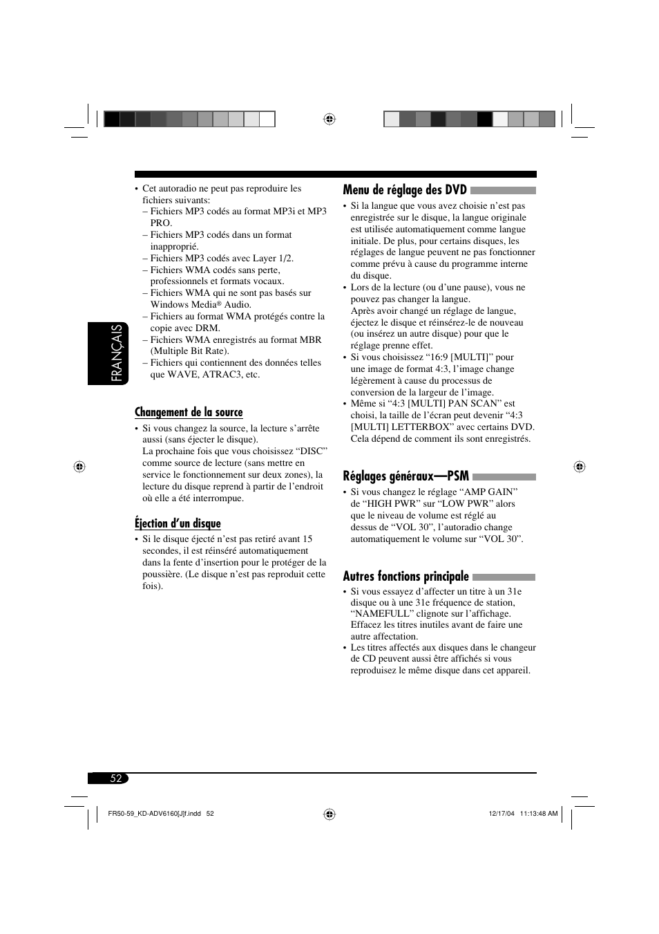 Français menu de réglage des dvd, Réglages généraux—psm, Autres fonctions principale | JVC KD-ADV6160 User Manual | Page 168 / 177