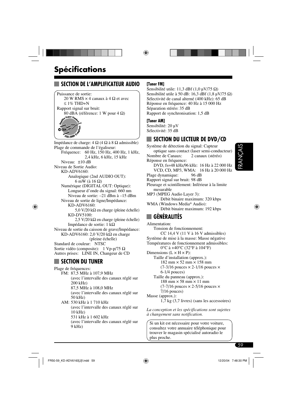 Spécifications, Français, Généralités | JVC KD-ADV6160 User Manual | Page 175 / 177