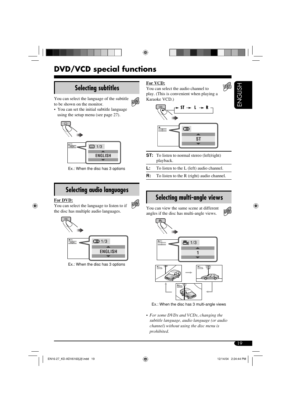 Dvd/vcd special functions, Selecting subtitles, Selecting audio languages | Selecting multi-angle views, English | JVC KD-ADV6160 User Manual | Page 19 / 177