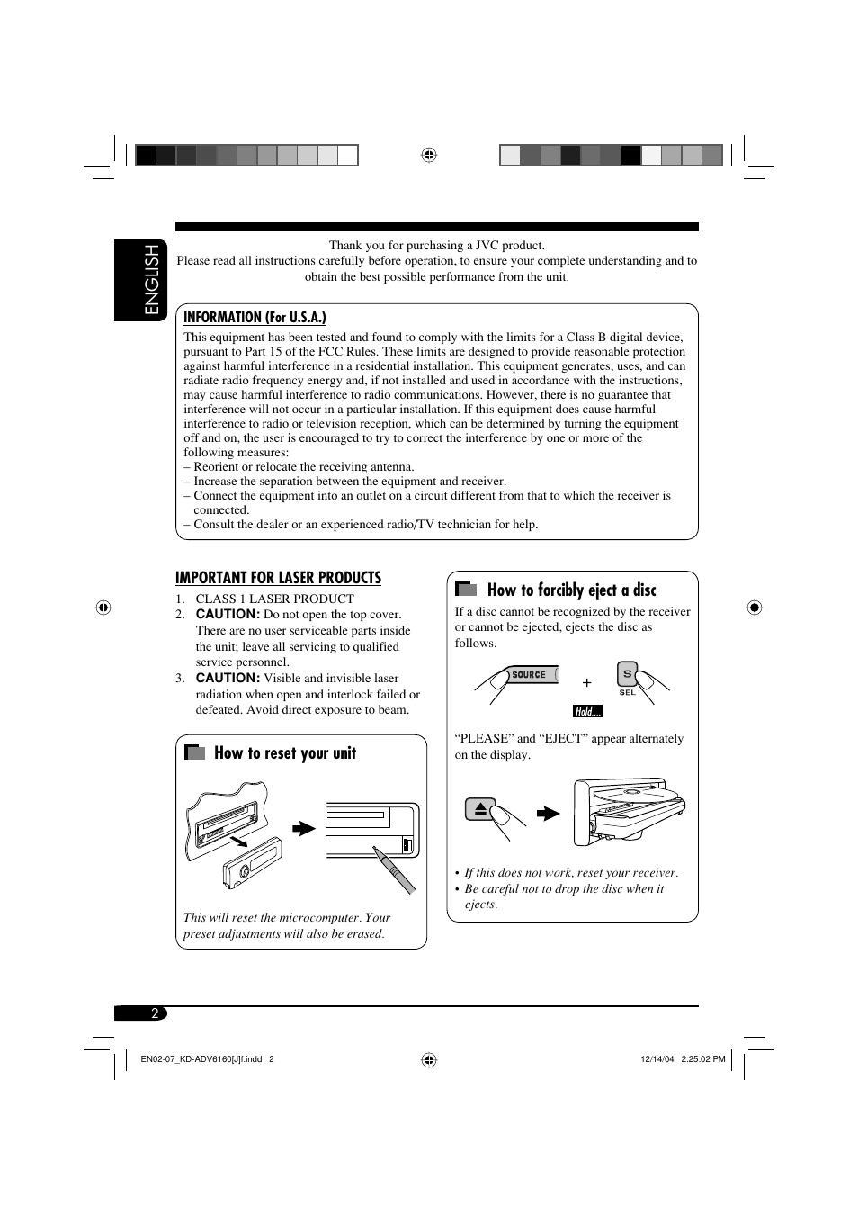 English, How to reset your unit, How to forcibly eject a disc | JVC KD-ADV6160 User Manual | Page 2 / 177