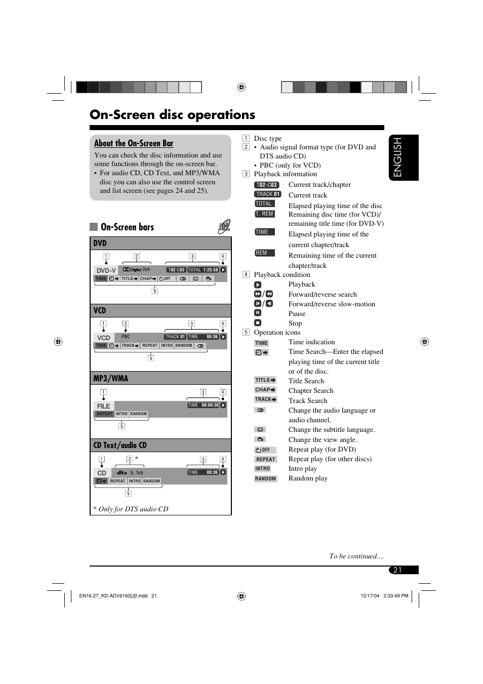 On-screen disc operations, English, On-screen bars | About the on-screen bar | JVC KD-ADV6160 User Manual | Page 21 / 177