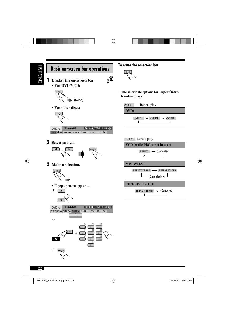 Basic on-screen bar operations, English, Display the on-screen bar. • for dvd/vcd | For other discs, Select an item, Make a selection | JVC KD-ADV6160 User Manual | Page 22 / 177