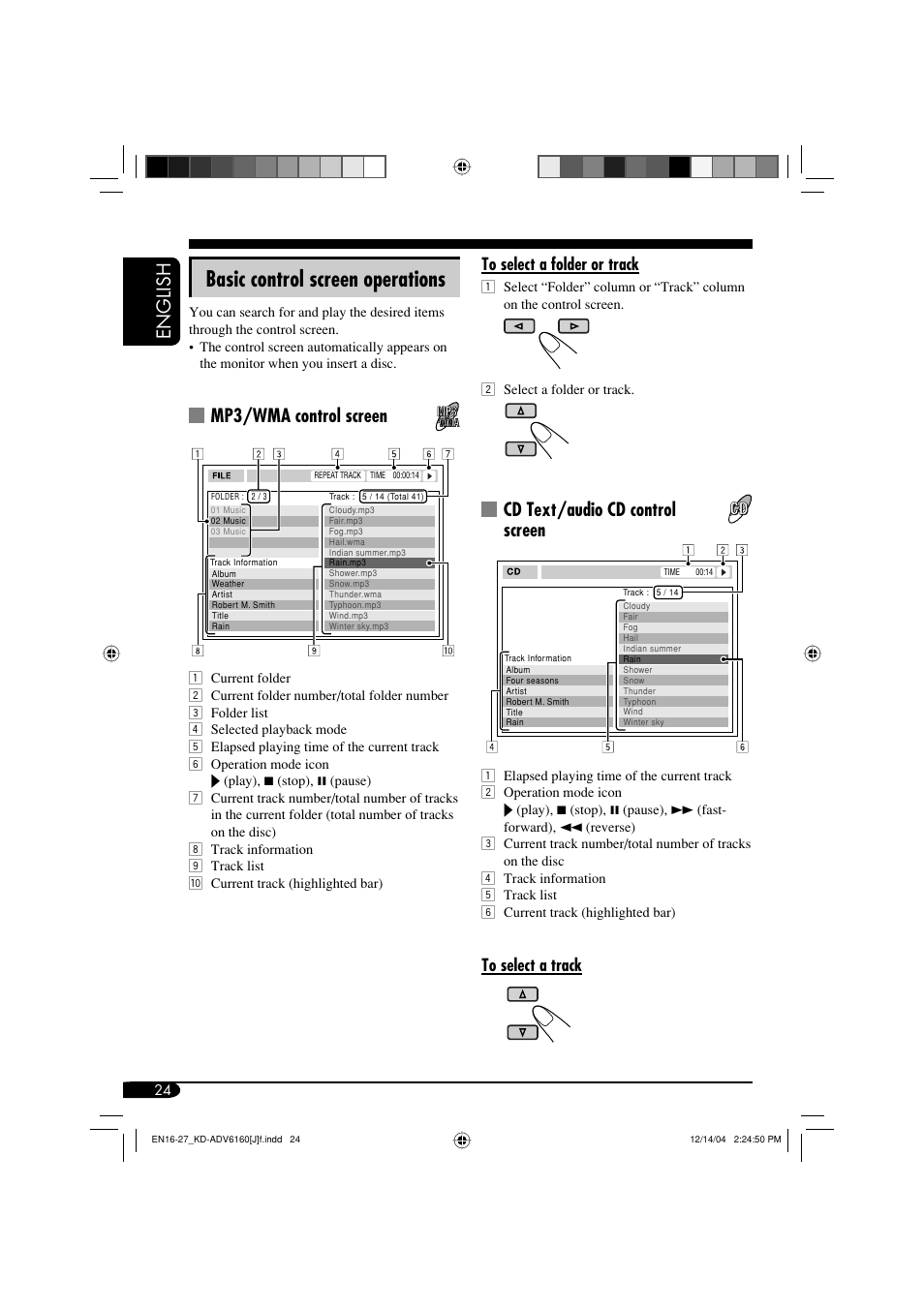 Basic control screen operations, English, Cd text/audio cd control screen | Mp3/wma control screen | JVC KD-ADV6160 User Manual | Page 24 / 177