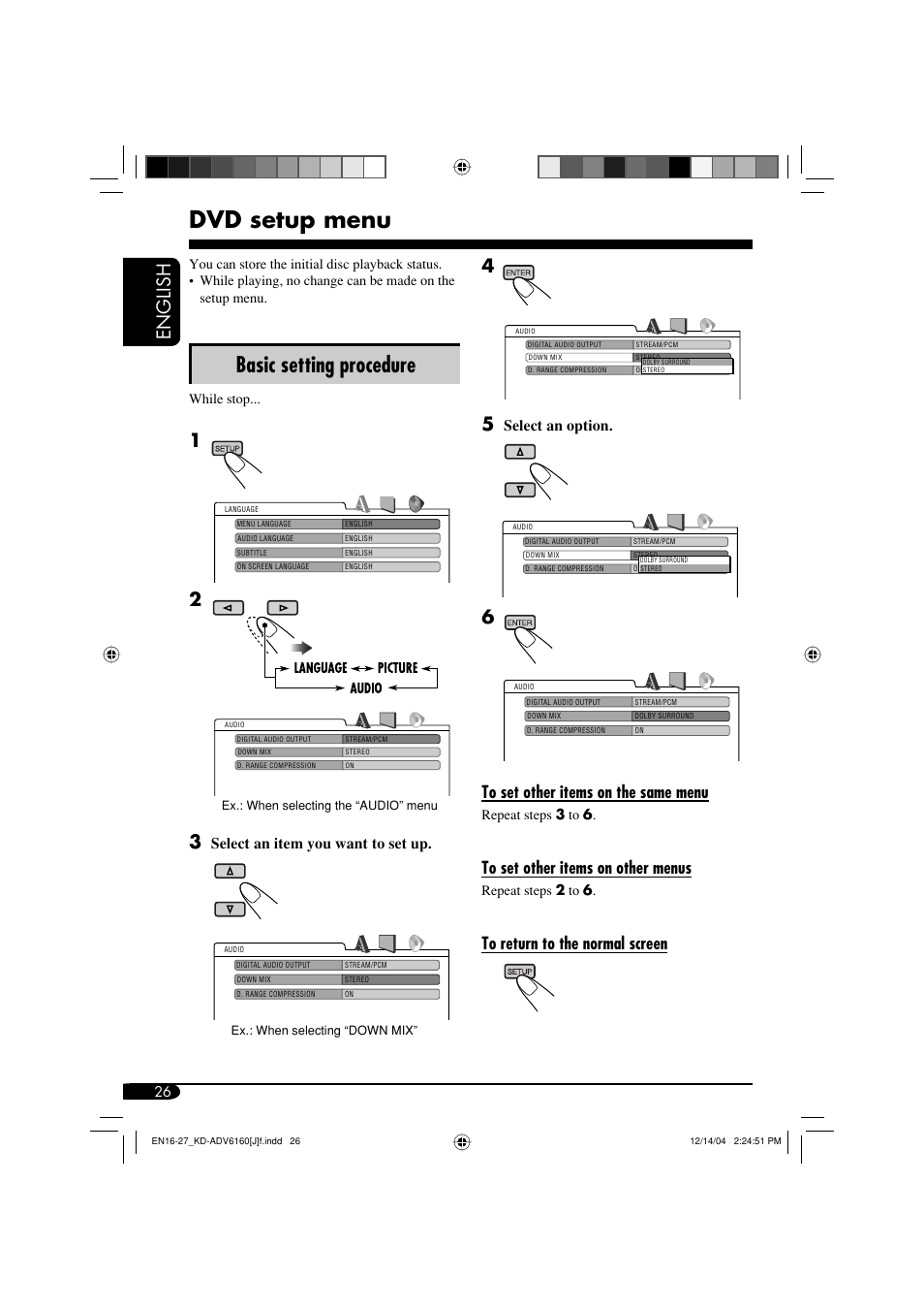 Dvd setup menu, Basic setting procedure, English | Select an item you want to set up, Select an option | JVC KD-ADV6160 User Manual | Page 26 / 177