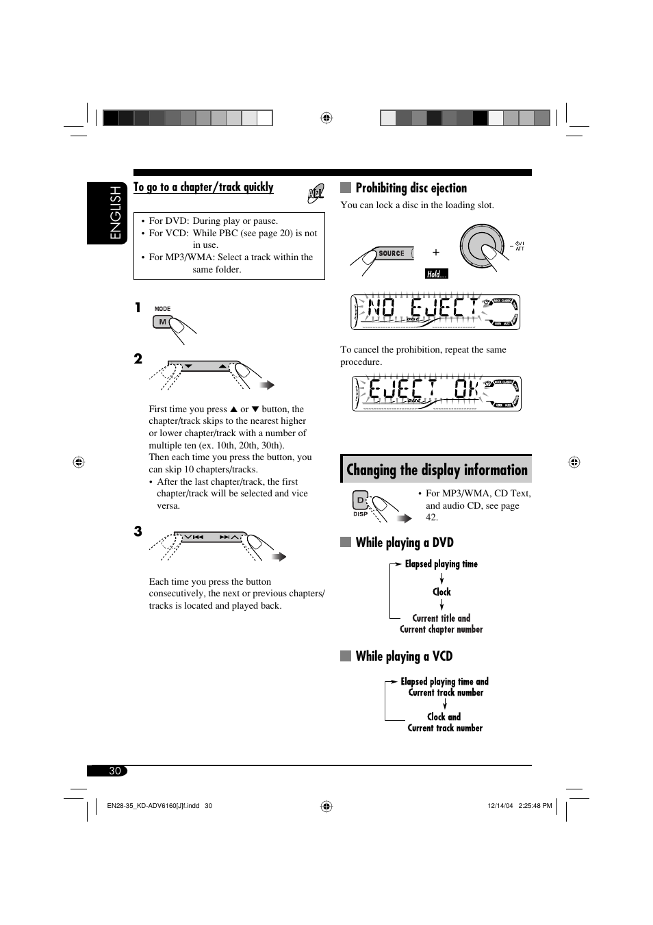 Changing the display information, English, Prohibiting disc ejection | While playing a dvd while playing a vcd | JVC KD-ADV6160 User Manual | Page 30 / 177