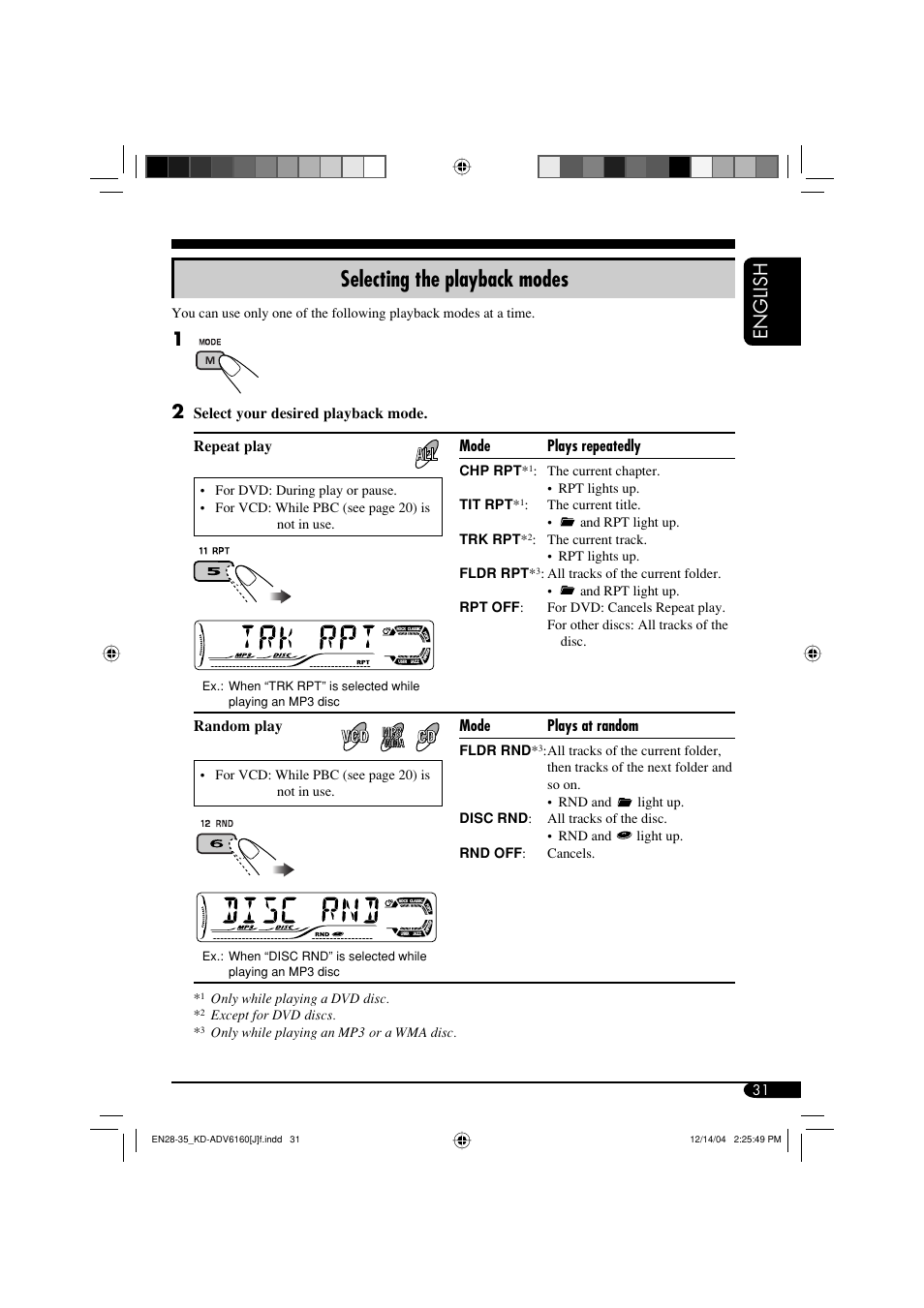 Selecting the playback modes, English | JVC KD-ADV6160 User Manual | Page 31 / 177