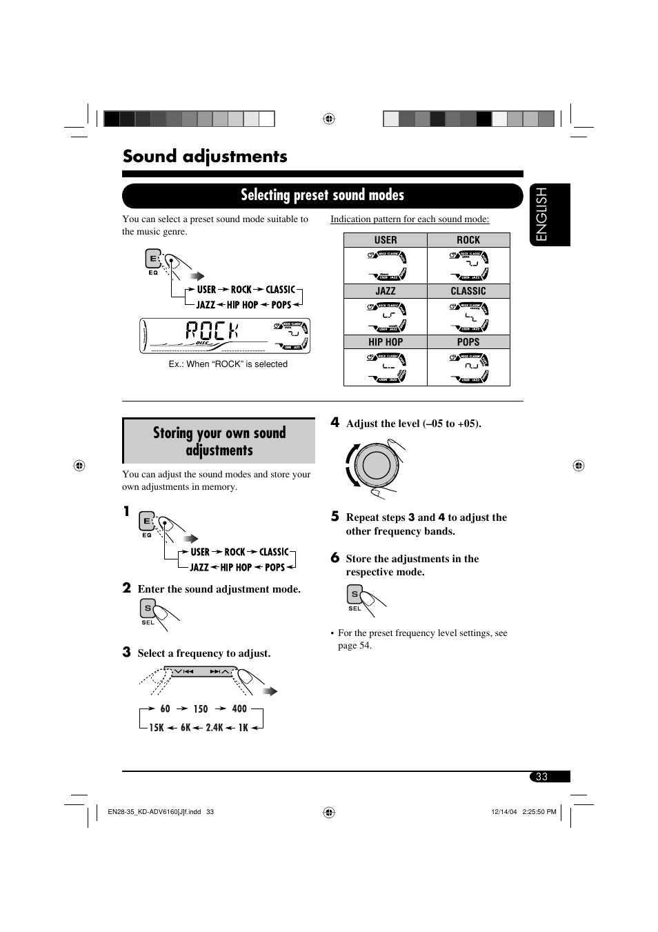 Sound adjustments, Selecting preset sound modes, Storing your own sound adjustments | JVC KD-ADV6160 User Manual | Page 33 / 177